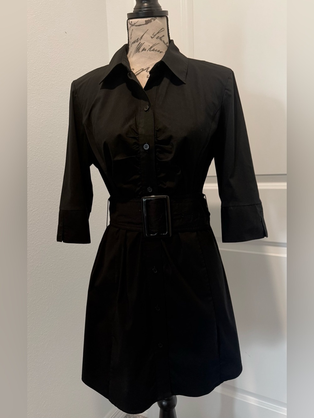 Vintage Mixit Stretch Classic Collar Short Sleeve Belted Shirt Dress w/Ruching